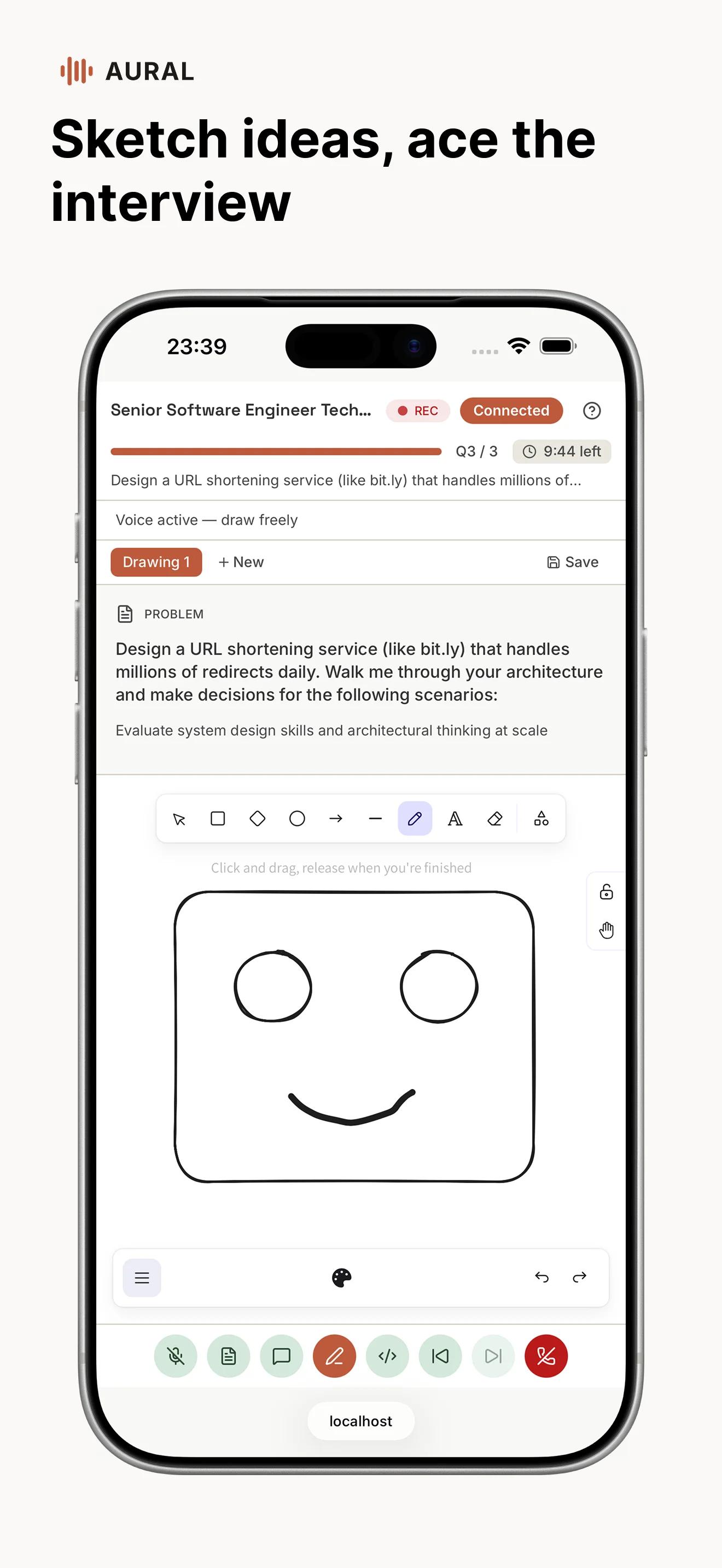 Whiteboard interview on mobile with drawing tools and voice recording