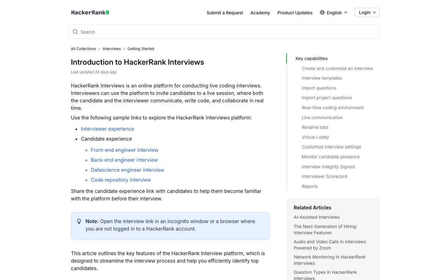 Official HackerRank Interviews support page screenshot captured on May 17, 2026