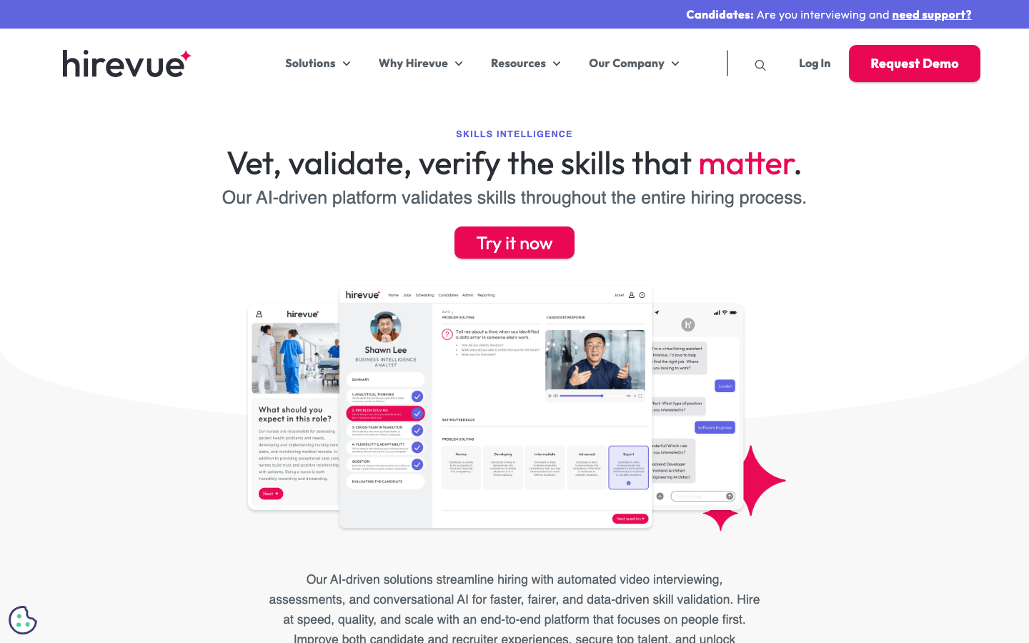 Official HireVue platform page screenshot captured from the public website on May 16, 2026