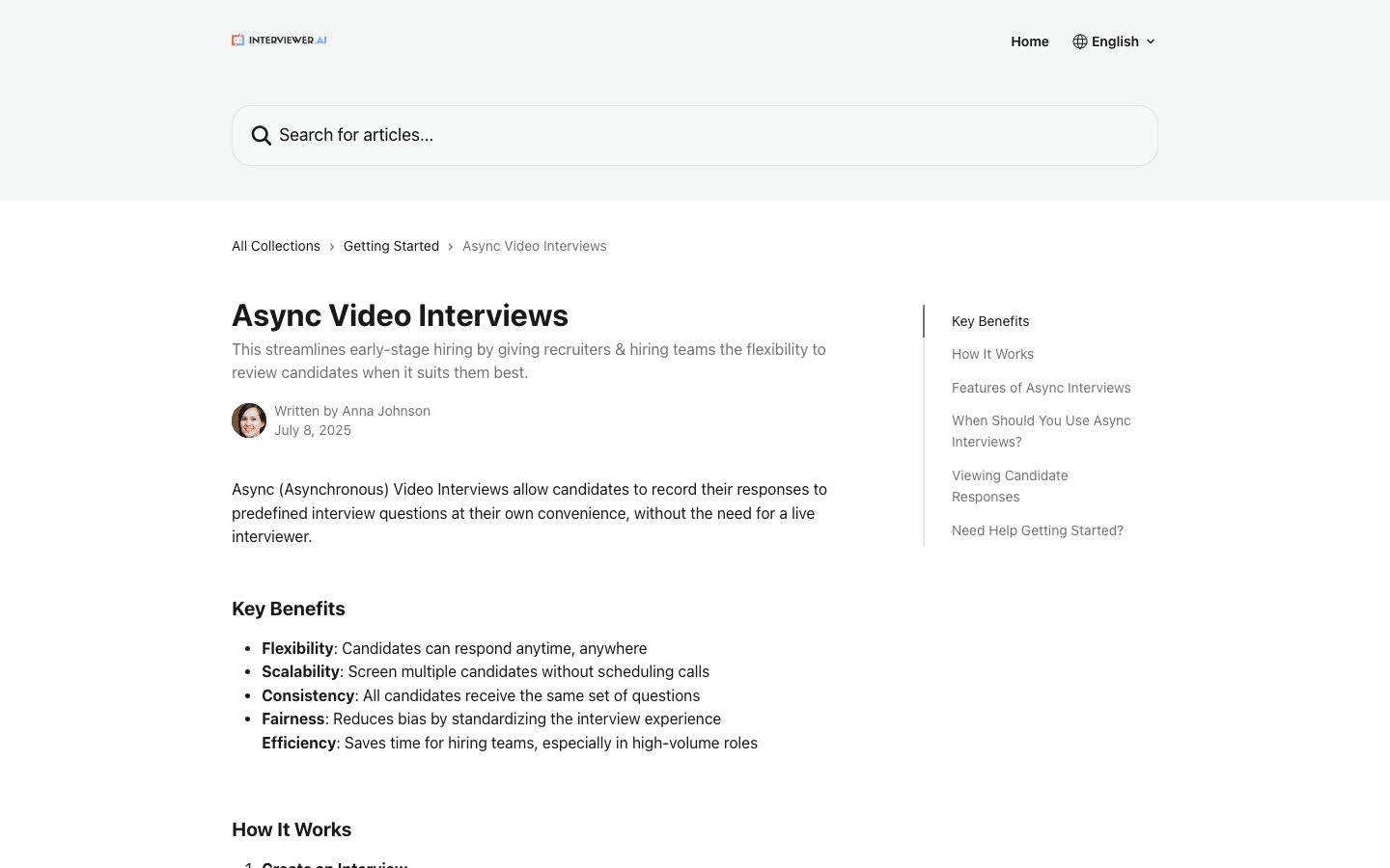 Official Interviewer.AI async video interviews help page screenshot captured on May 17, 2026