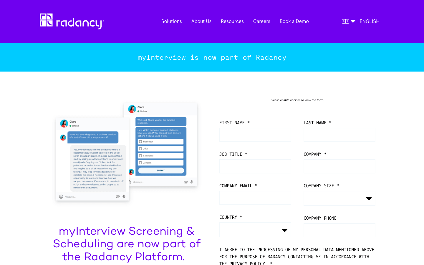 Official Radancy page showing myInterview is now part of Radancy, captured on May 17, 2026
