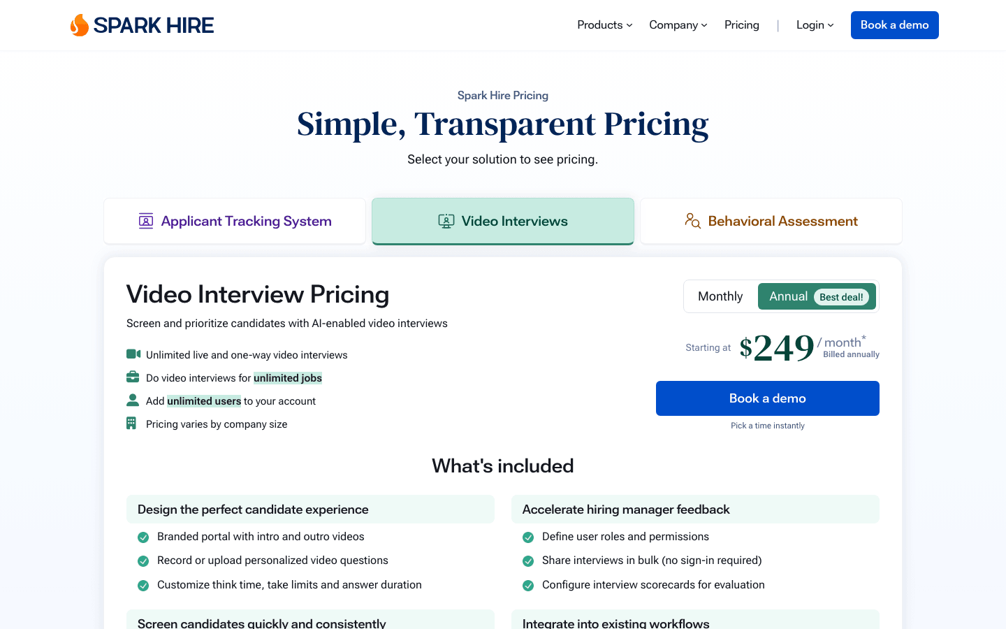 Official Spark Hire video interview pricing page screenshot captured from the public website on May 16, 2026
