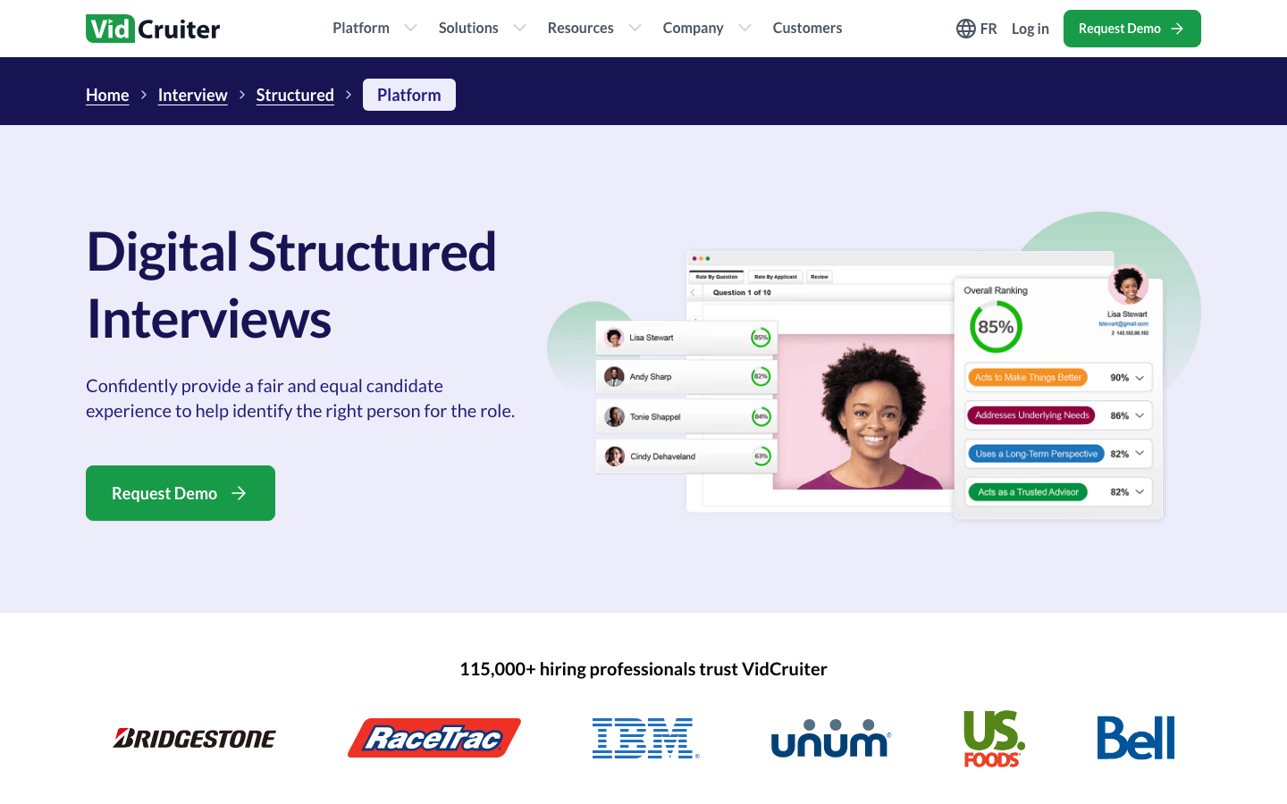 Official VidCruiter digital structured interview page screenshot captured from the public website on May 17, 2026