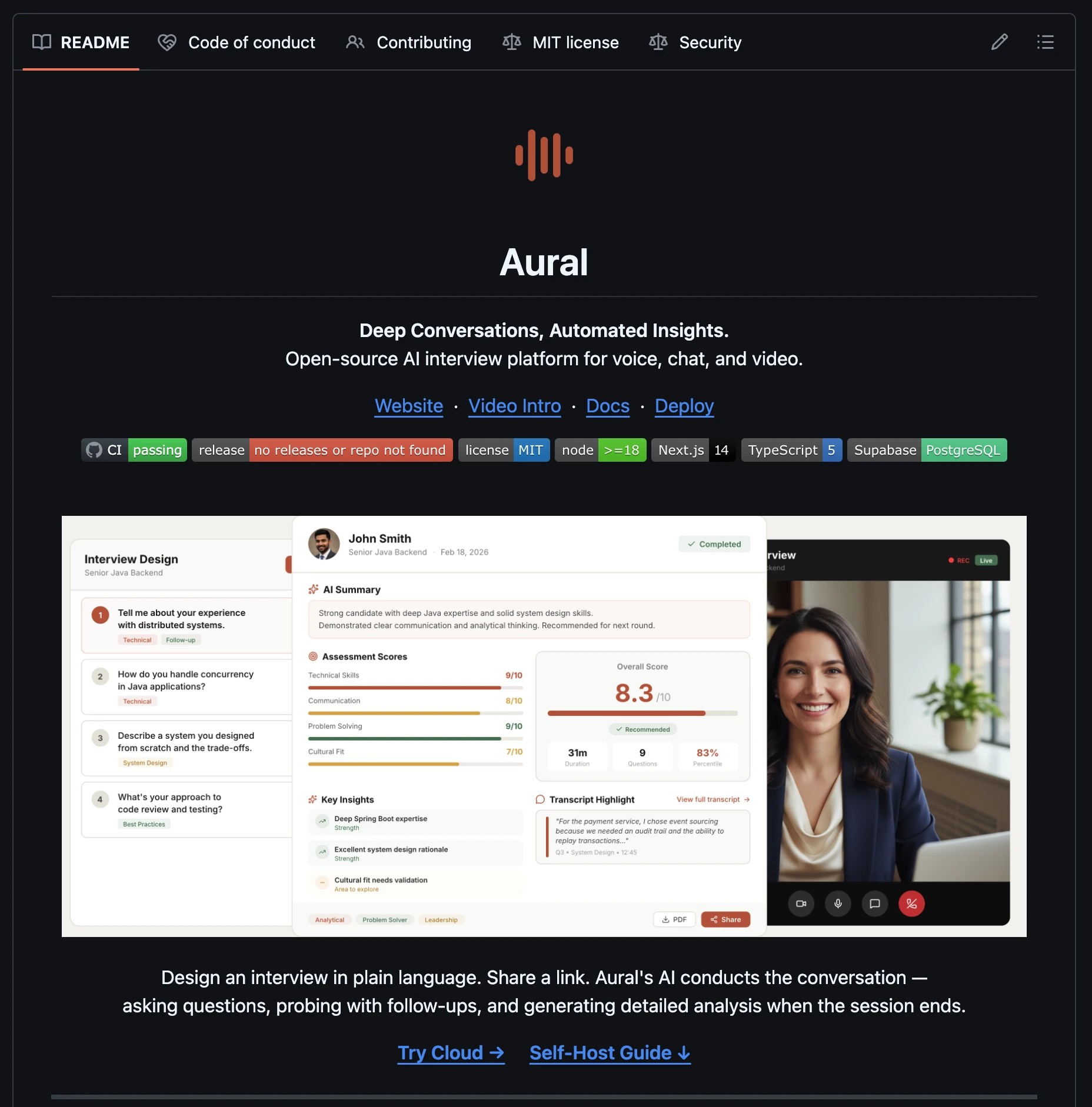 Aural open-source GitHub repository with product screenshots and self-hosting details