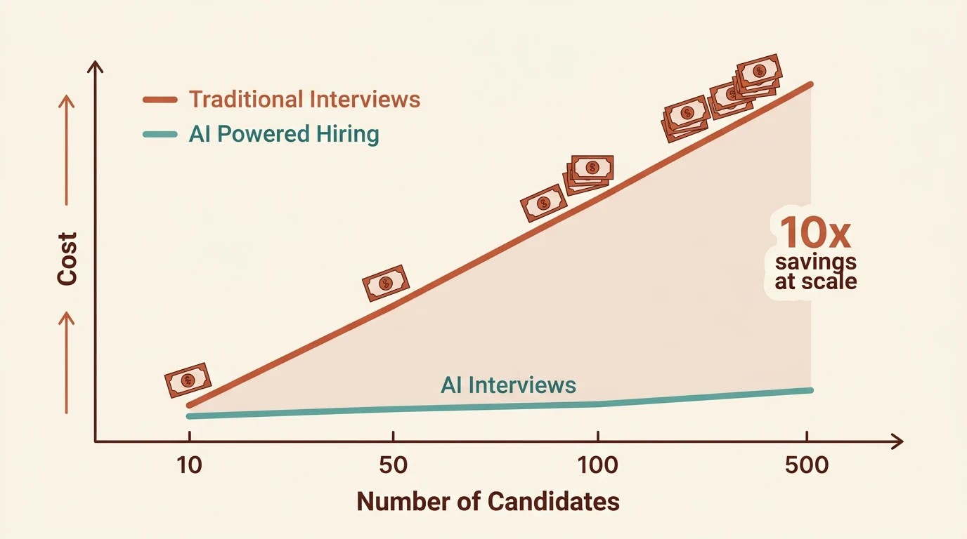 Cost comparison chart — traditional interview costs rise steeply with volume while AI interview costs stay nearly flat, yielding 10x savings at scale