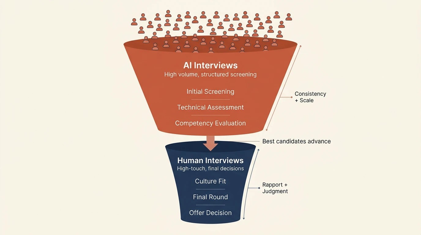 Hiring funnel illustration where AI interviews handle high-volume first-round screening