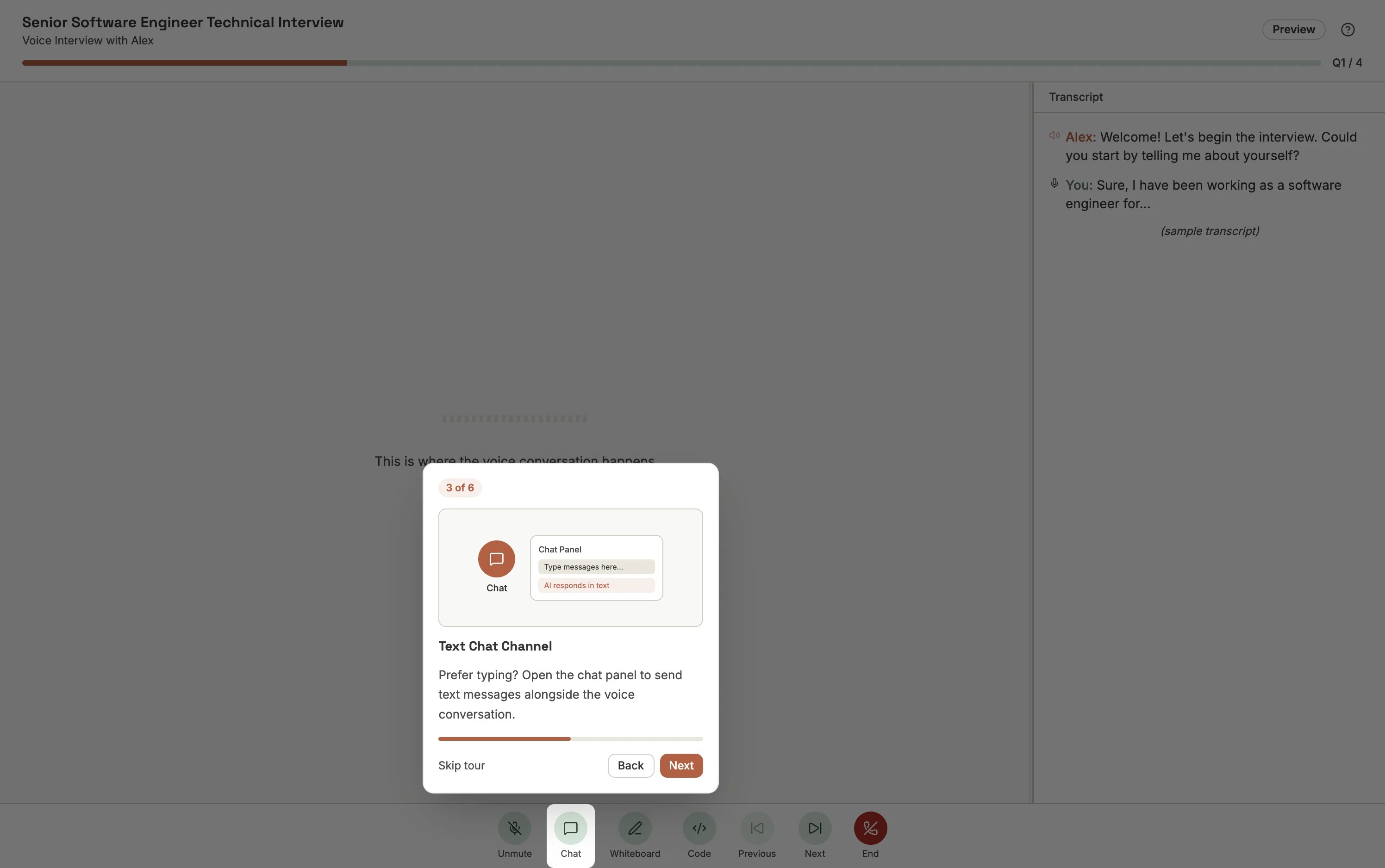 A guided checklist walks candidates through device setup — camera, microphone test, and screen permissions — before the interview starts