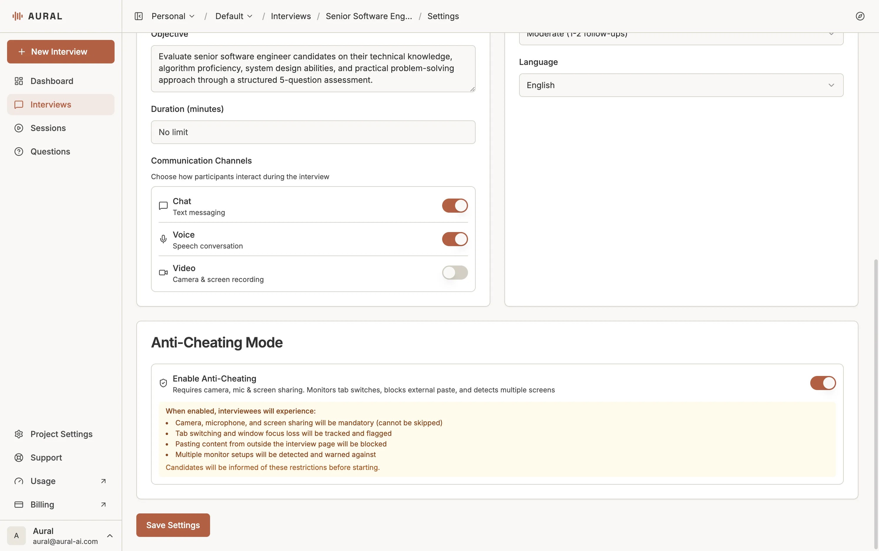 Aural anti-cheating setting for enabling integrity monitoring during an AI interview