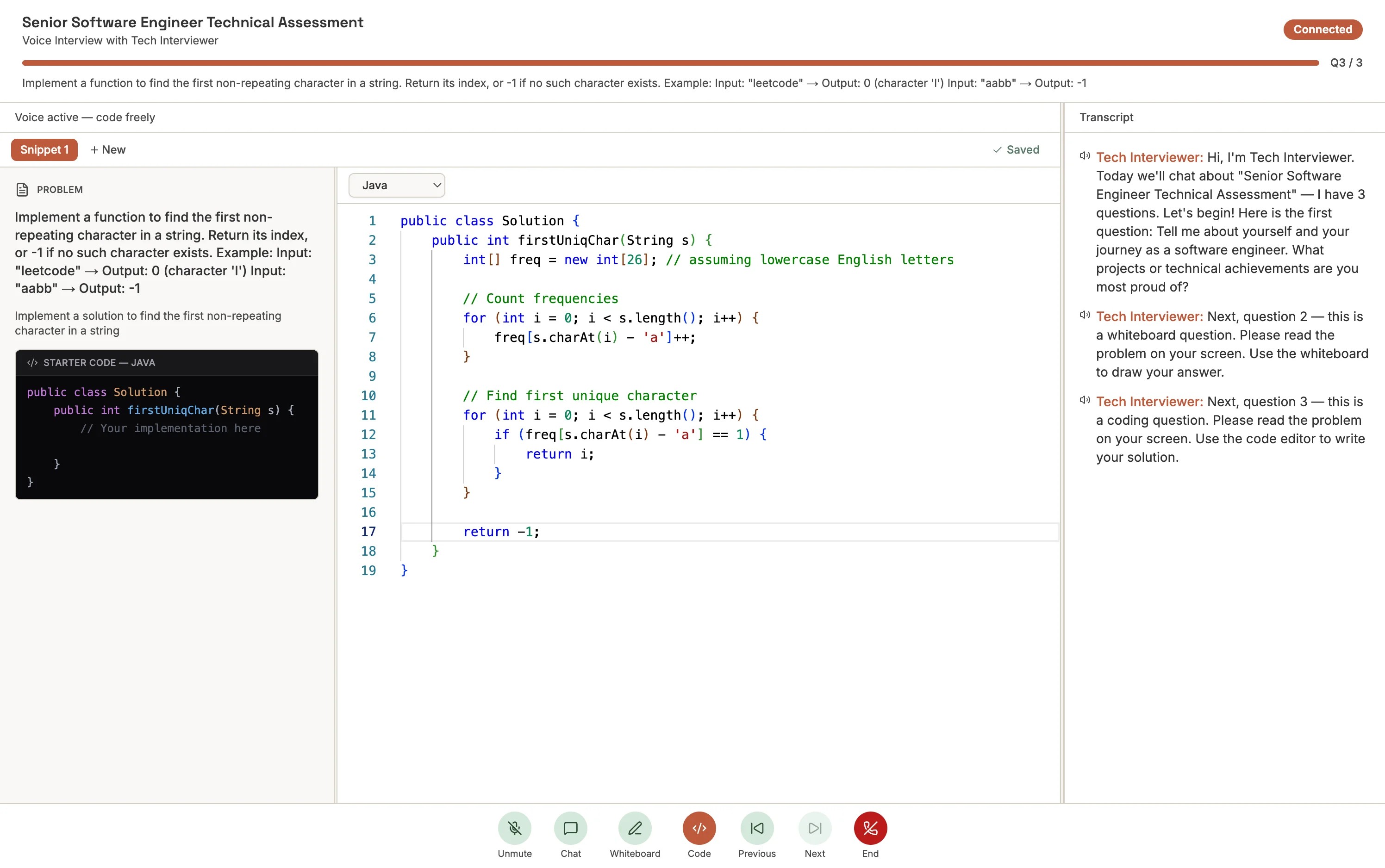 Aural coding interview with editor and AI interview conversation