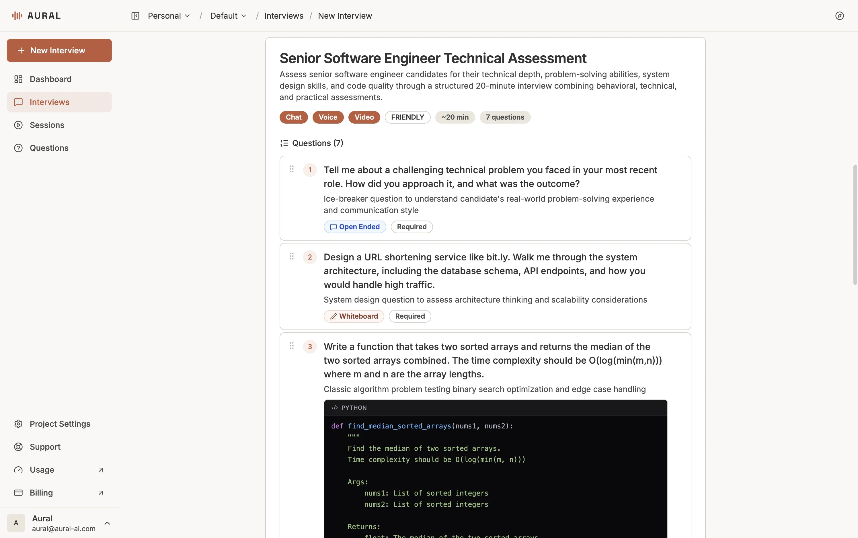 Aural's interview editor — every candidate gets the same structured questions and evaluation criteria