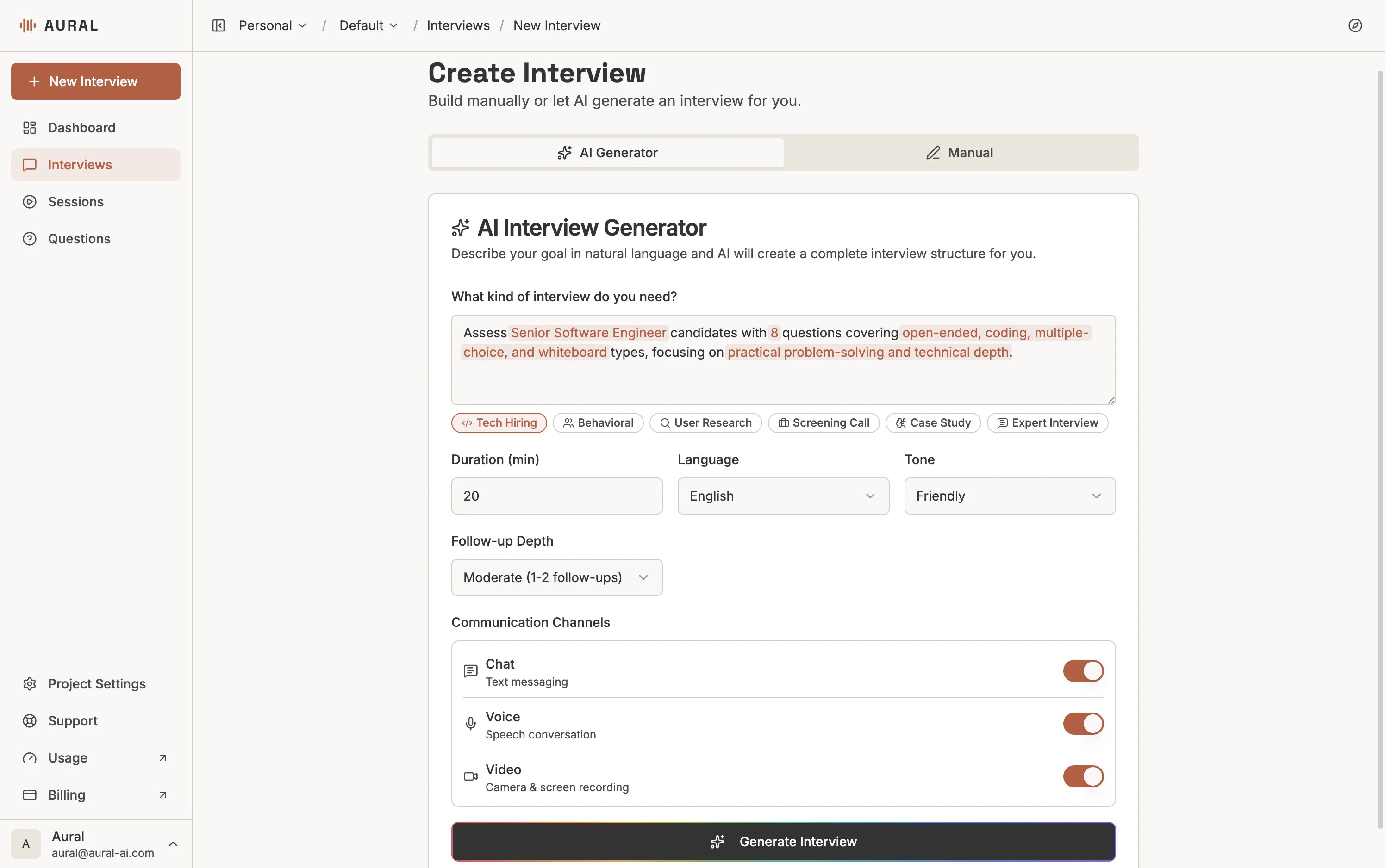 Aural AI interview generator where teams describe an interview goal and generate a structured AI-led interview