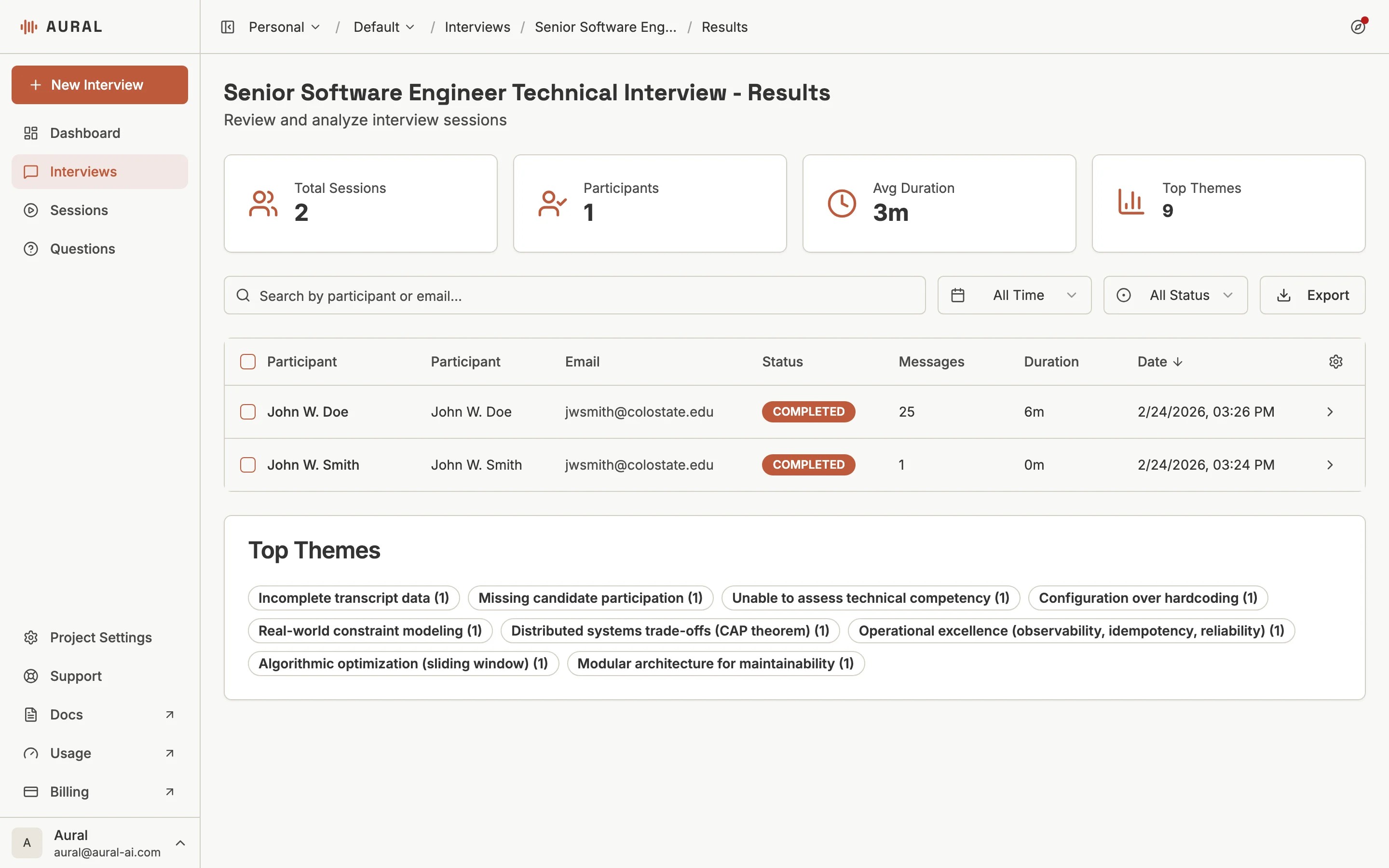 Aural interview results dashboard for reviewing candidate sessions and scores
