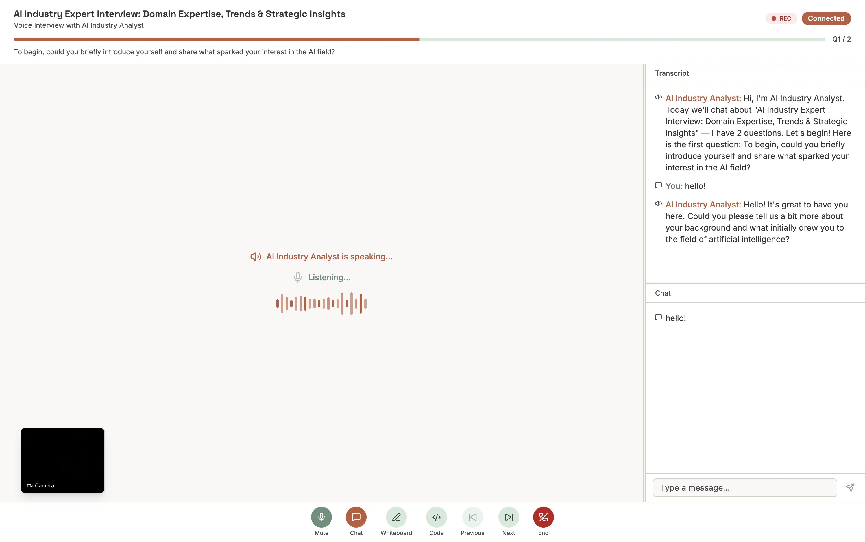 Aural interview session interface for a participant completing an AI interview
