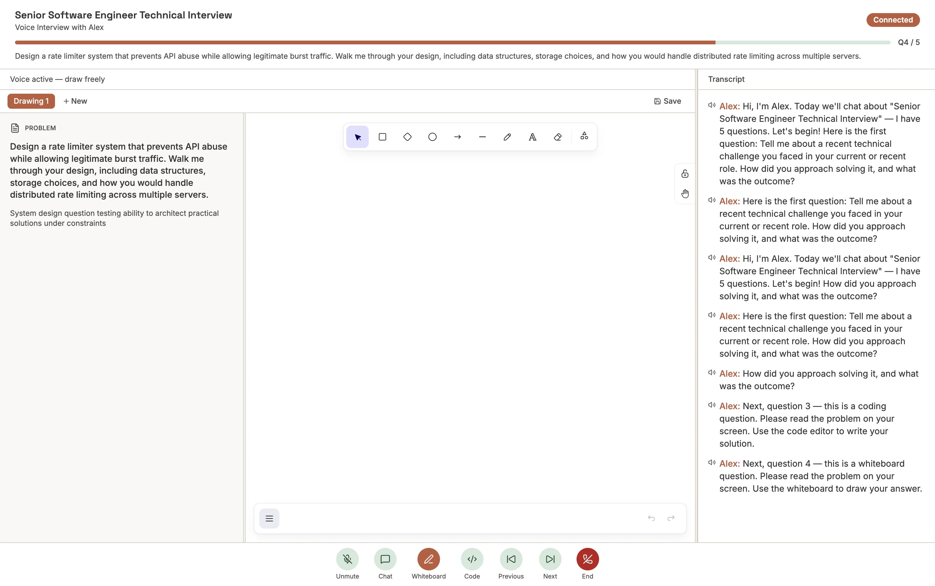 Aural whiteboard interview with AI conversation panel