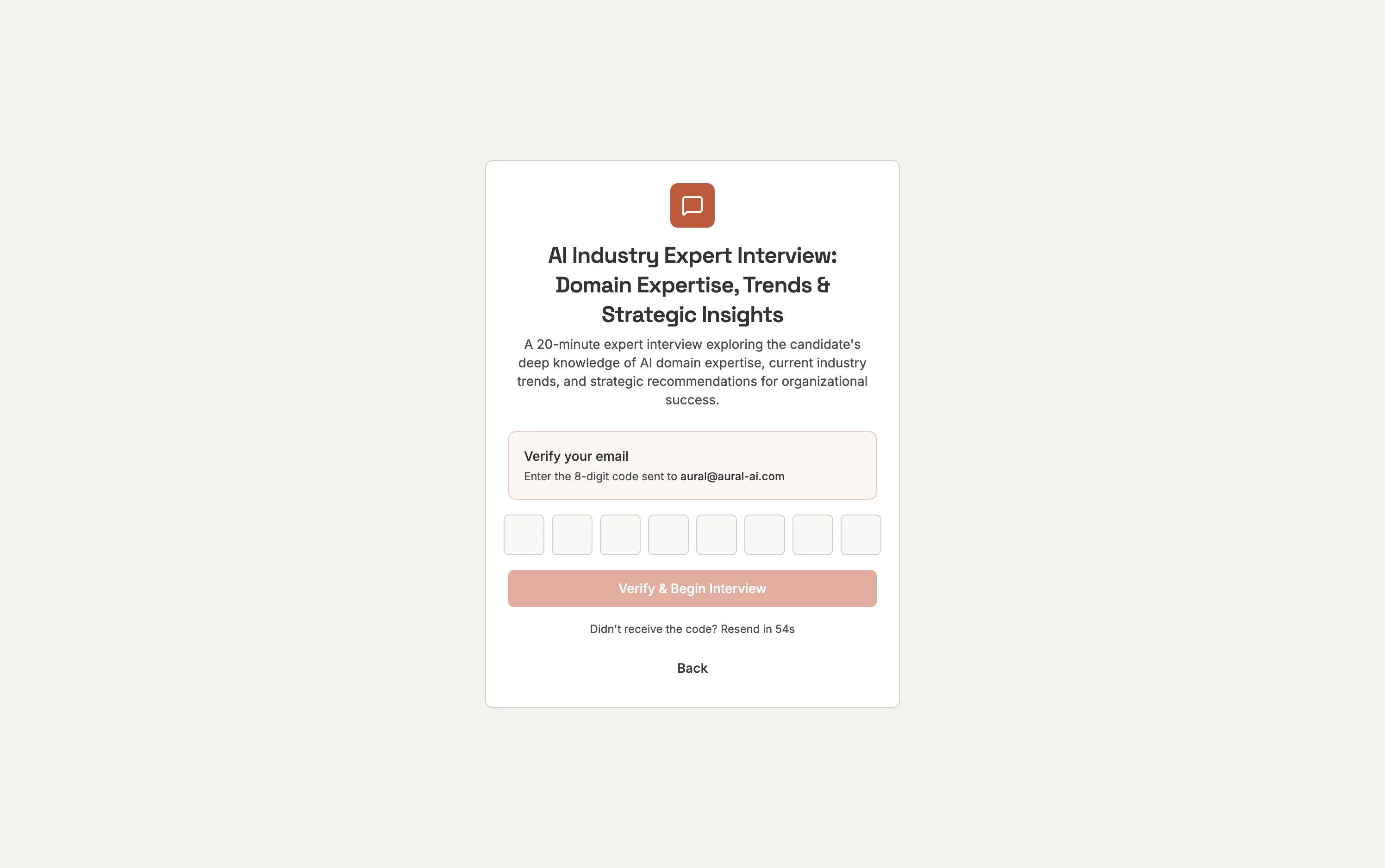 Email verification screen with 6-digit code input