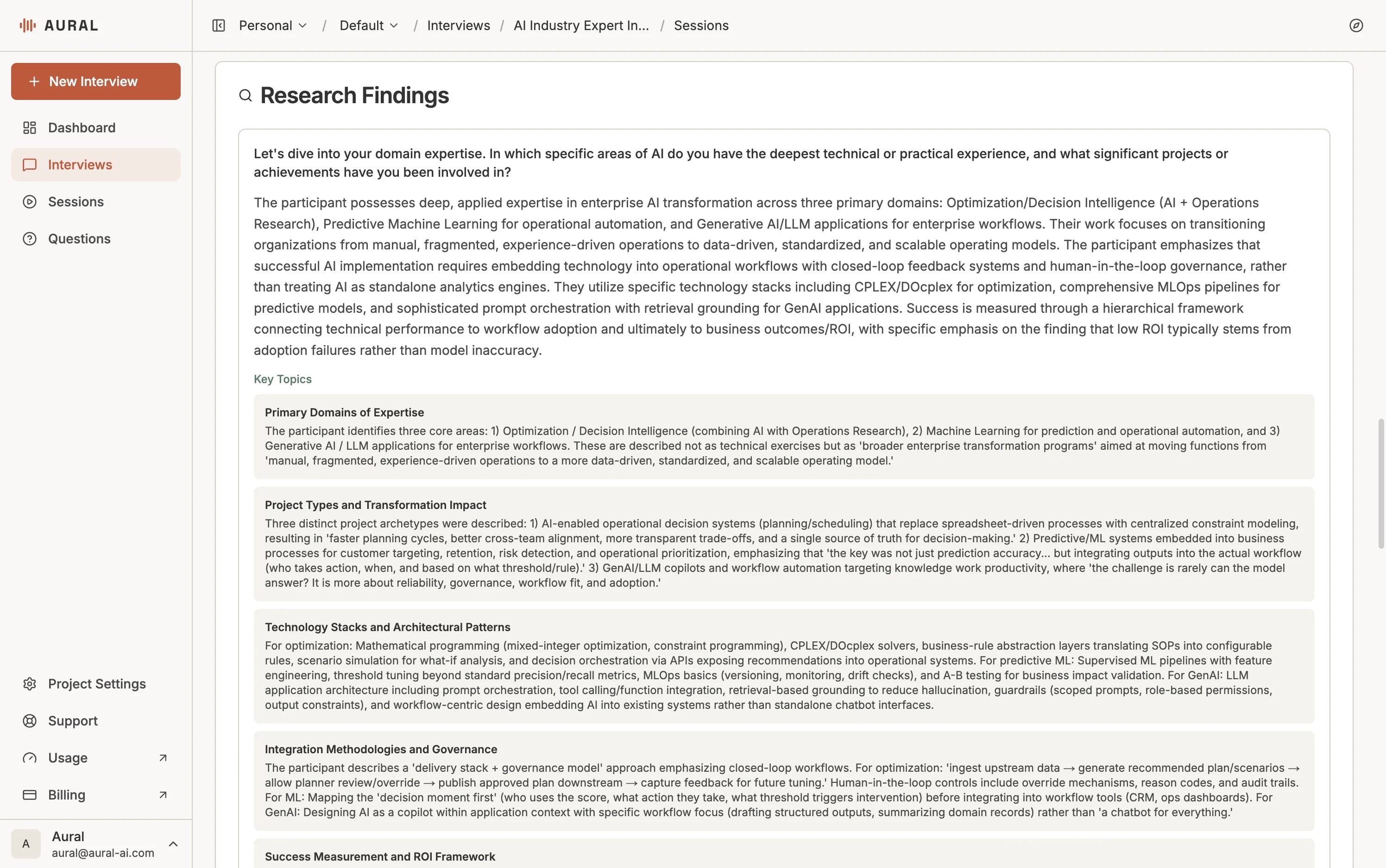 Aural research findings page showing AI-identified themes from interview sessions