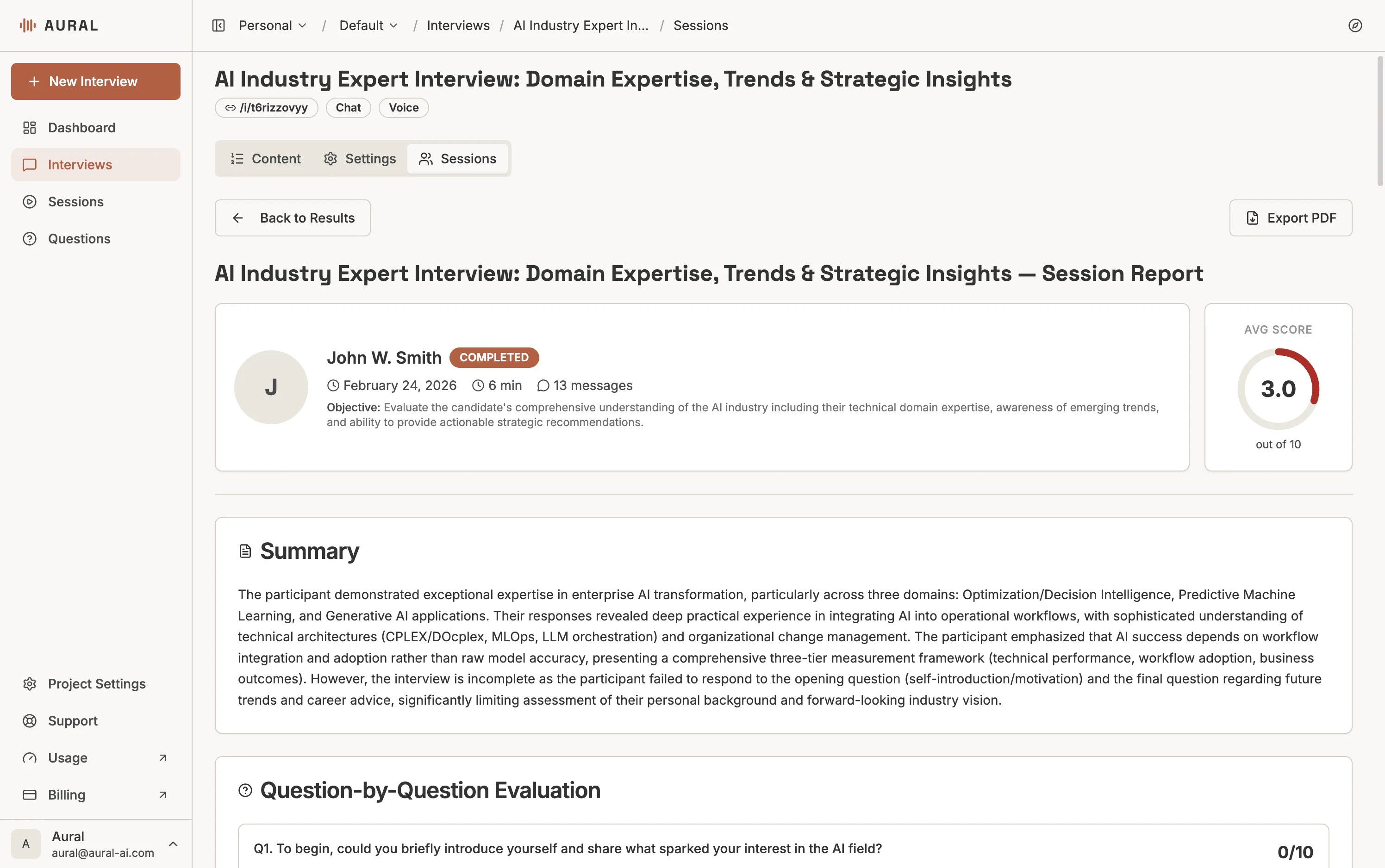 Aural's session report — full transcript, AI-generated summary, and structured scores for every interview
