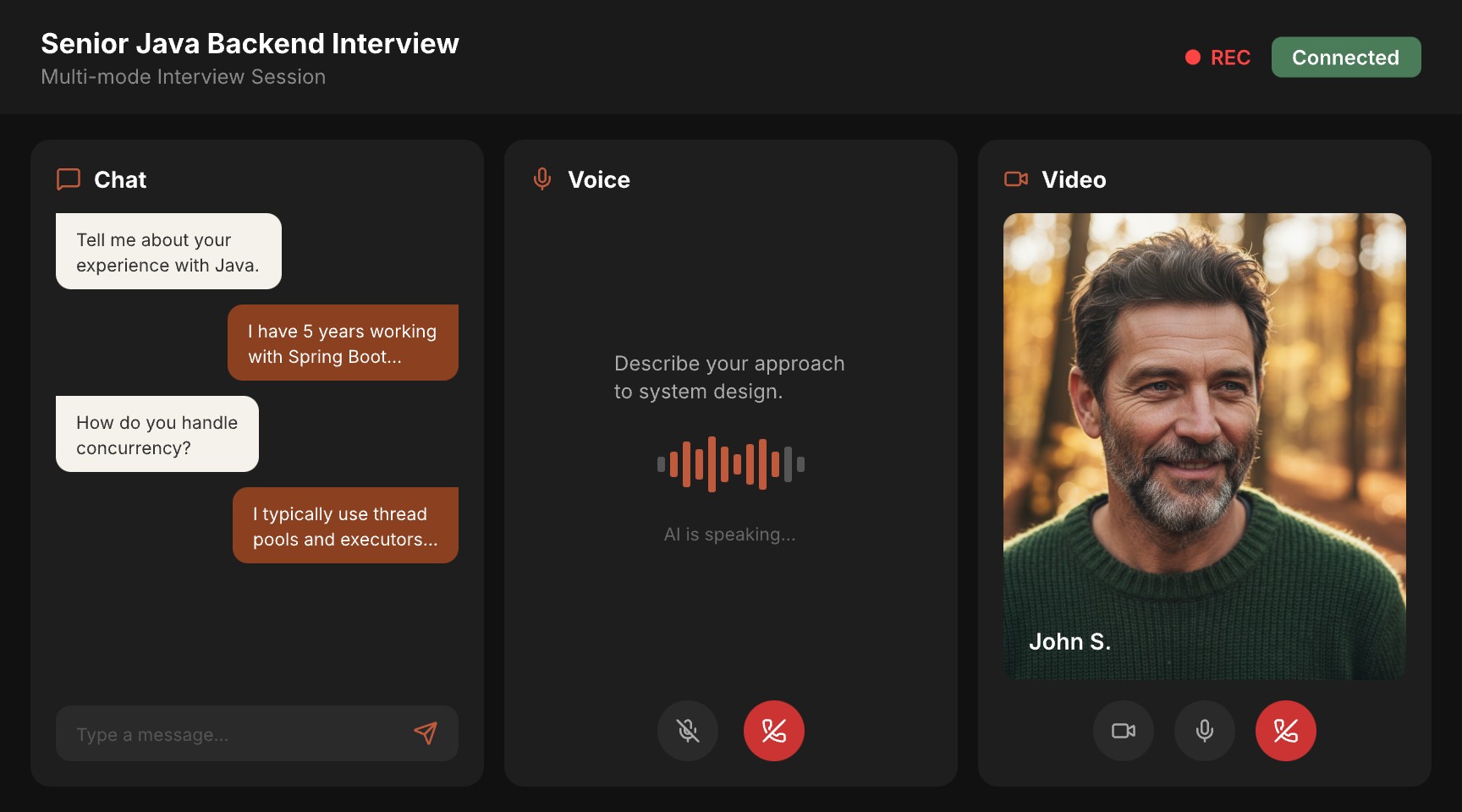 Aural channel selection showing chat, voice, and video AI interview modes