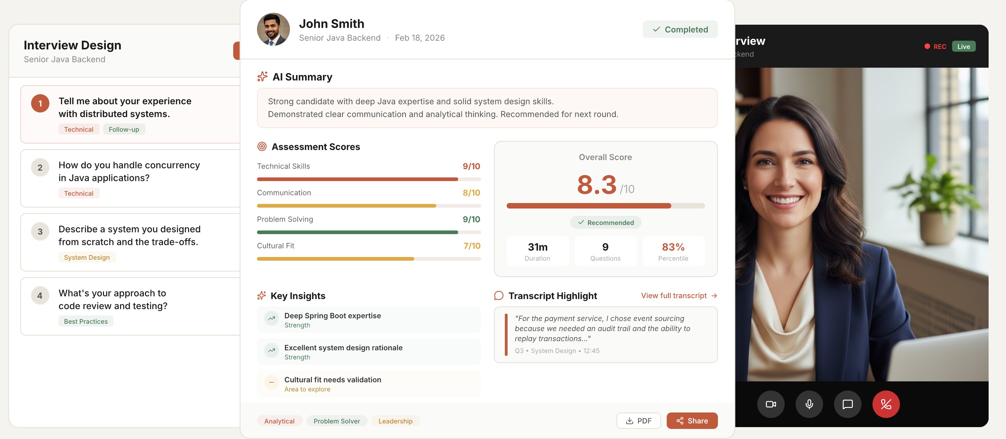 Aural AI interview platform showing interview design, live sessions, and automated analytics