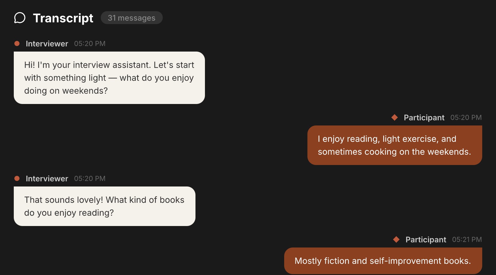 Aural AI interview transcript showing an adaptive conversation between the participant and AI interviewer