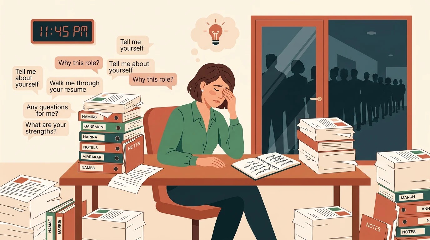 The interview grind — an exhausted hiring manager surrounded by repetitive questions, stacks of notes, and a long queue of waiting candidates