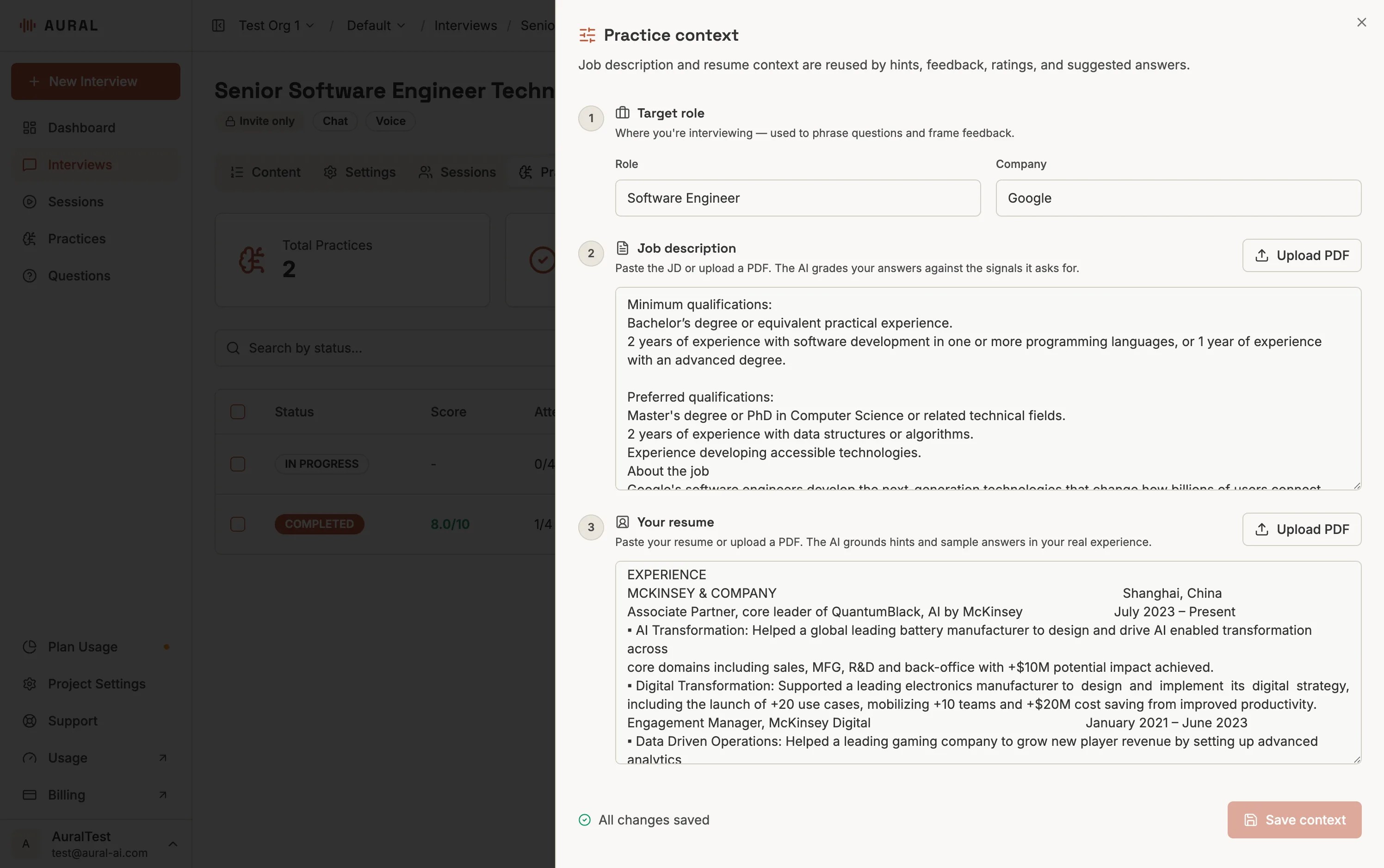 Practice context screen used to tailor AI feedback and sample answers